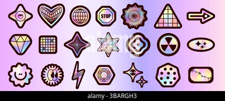 Y2K holographic sticker pack with geometric shapes, crystals, flowers - vibrant iridescent gradients background. Retro 90s aesthetic icons. Fun sparkl Stock Vector