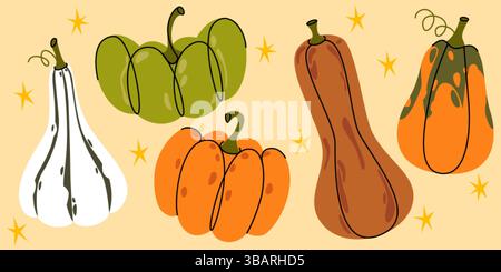Pumpkin autumn harvest doodle illustrations - simple cozy line drawings. Ripe orange squash with curly green vines and stems attached, elongated gourd Stock Vector
