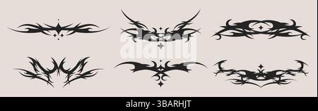 Neo tribal tattoo set - black symmetric decorative ethnic graphic elements collection. Stylized thorny patterns, swirling pointed shapes, ornamental a Stock Vector