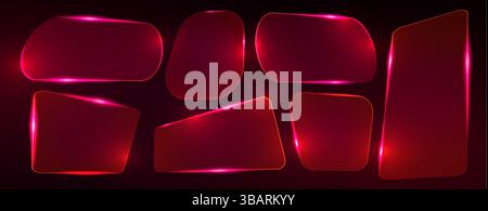 Neon light frame set - glowing red glass shapes on dark background. Luminous geometric rectangles with rounded corners. Futuristic glossy banner borde Stock Vector