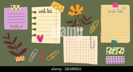 Notebook paper notes and flowers on green planner board background. Vector cartoon illustration of blank memo pages for message, wish or to-do list at Stock Vector
