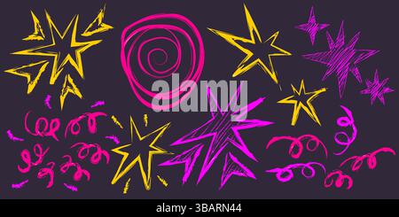 Neon firework crayon doodles - vibrant pink spiral, yellow spiked starburst, swirly shapes. Energetic hand drawn celebration design elements - glowing Stock Vector