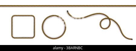 Rope string tie - brown wavy lines, shapes and frames. Twisted cables in spiral forms, curved borders, decorative design textured threads pattern, win Stock Vector