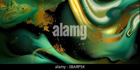 Abstract fluid art texture, luxury background in emerald green, mint and gold colors. Liquid marble effect with golden powder and glitter. Swirling el Stock Vector