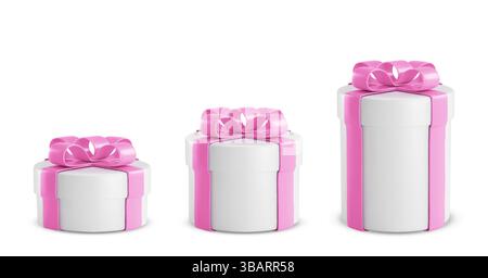 Gift boxes set with round lids with pink ribbons - presents different sizes wrapped white paper with bright bow decoration on top. Birthday party, hol Stock Vector