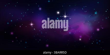 Cosmic nebula space background - starry night sky with glowing planets, twinkling stars, luminous meteors, vibrant galaxy clusters and mysterious astr Stock Vector