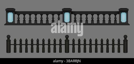 Black marble and iron balustrades set isolated on background. Vector realistic illustration of antique style fence for park or porch, balcony rail wit Stock Vector