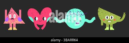 Geometric doodle face emoticons - scared triangle, smiling red heart, shocked circle, green semicircle with funny expression and gesture. Hand drawn f Stock Vector