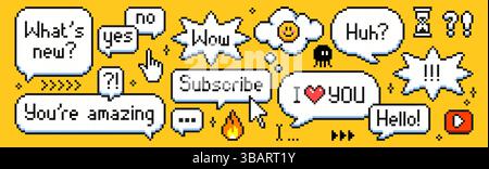 Pixel speech bubble set with retro phrases - 8 bit style chat boxes with old school internet slang. Quirky message clouds and emoticons on bright yell Stock Vector