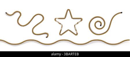 Rope string tie, brown wavy lines shapes on white background. Twisted cables coiled spiral forms, various curves and abstract decorative design with t Stock Vector