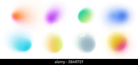 Gradient abstract background with vibrant colors blue, green, yellow, pink and red. Soft blur neon glow grainy texture. Fluid iridescent shapes with translucent modern geometric patterns. Stock Vector