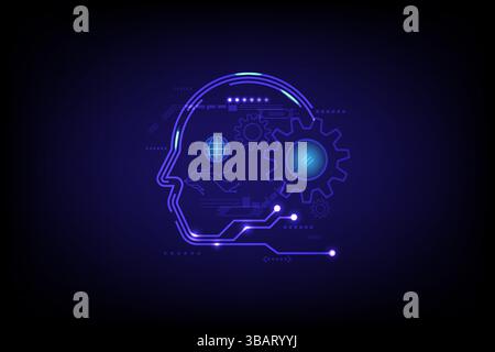 A glowing neon outline of a human head integrated with gears and circuit patterns, symbolizing artificial intelligence. digital transformation and tec Stock Vector
