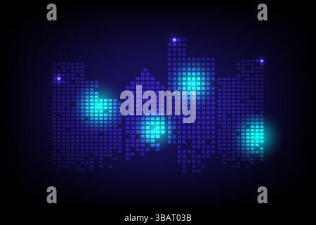Abstract cityscape made of glowing blue pixels on a dark background. resembling a futuristic digital skyline Stock Vector