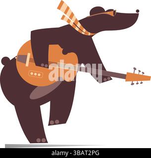 Cartoon cute bear playing music on guitar. Cute bear playing guitar and singing. Isolated on white background Stock Vector