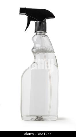Studio shot of a transparent plastic spray bottle filled with cleaning liquid, isolated on a clean white background Stock Photo