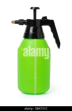 Green plastic spray bottle with measurement lines and black trigger pump isolated on white background Stock Photo