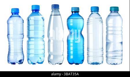Set of water bottles made of plastic, isolated over white background, showing different sizes and shapes Stock Photo