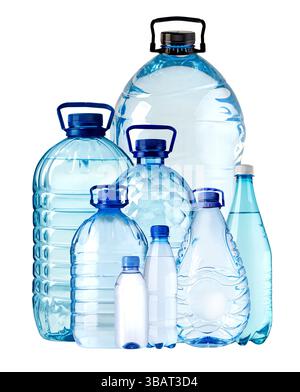 Variety of plastic water bottles showing different sizes and shapes, isolated on white background Stock Photo