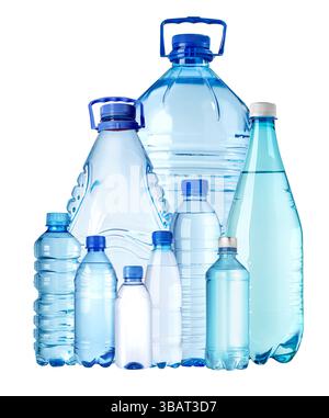 Variety of plastic water bottles showing different sizes and shapes, isolated on white background Stock Photo