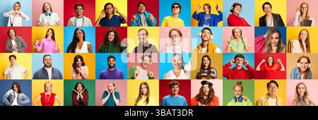 Collage of smiling young people from different cultural backgrounds showing various emotions against colorful backgrounds. Stock Photo
