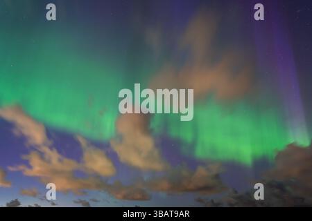 Stunning natural background: majestic Northern Lights illuminate the dark night sky, peeking through the clouds, creating a mystical and colorful text Stock Photo