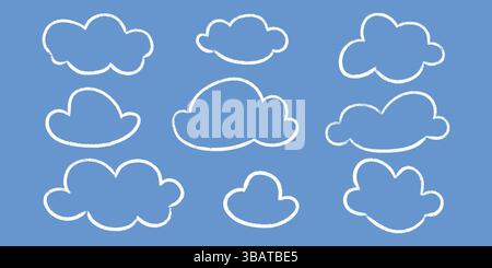 Chalk cloud shapes kid crayon doodle set - cute fluffy outline sketch style silhouettes design. Stock Vector