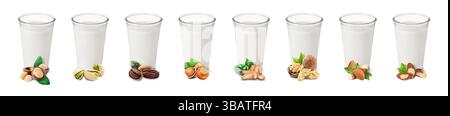 Different types of nut milk in glasses isolated on white, set Stock Photo