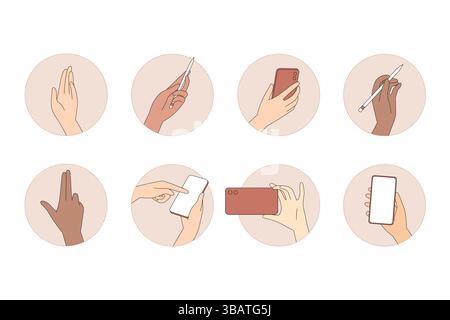 Hand Gestures for Effective Communication and Technological Device Usage in Daily Life Stock Vector