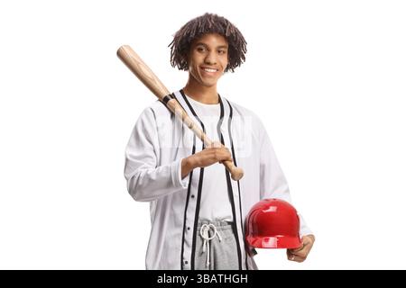 African american young man holding a baseball bat and a red helmet isolated on white background Stock Photo