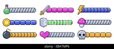 Vector set of 8bit pixel game life icons. Retro video games element, arcade ui design energy levels with heart, bomb, skull, sword, mana potion bottle, controller items. Pixelated loading progress bar Stock Vector