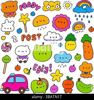 Cute Kawaii Doodle Icons Colorful Hand-Drawn Illustrations and Characters Stock Vector