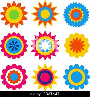 Vibrant Geometric Flower Stickers Colorful Circle Designs for Crafts and Projects Stock Vector