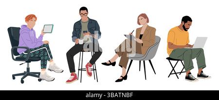 People sitting on armchairs, working on laptop Stock Vector