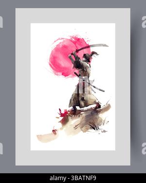 Samurai from Japan waves sword standing on mountainside at sunset on wall art. Watercolor artwork Stock Vector