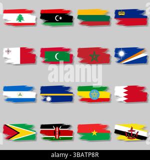 Vector set of brush strokes with flags of the world and with shadow Stock Vector