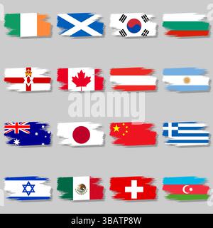 Vector set of brush strokes with national flags and wall Stock Vector