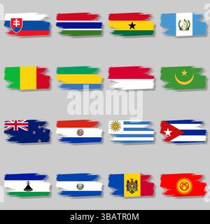 Vector large set of brush strokes with country flags and shadow Stock Vector