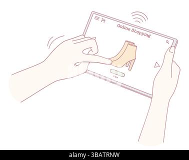 A user interacts with a digital interface to preview different shoes, demonstrating innovative online shopping Stock Vector