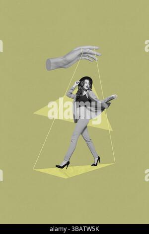 Poster trend collage of person stand under human hand control ropes on background Stock Photo
