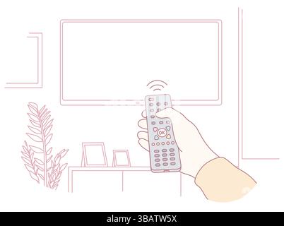 A hand is holding a remote control that is aimed at a stylish wallmounted TV in a welldesigned living room Stock Vector