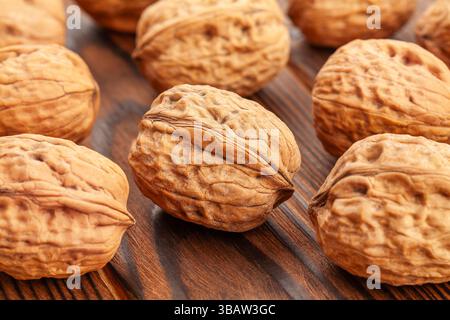 walnuts group on wood background Stock Photo