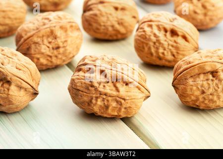 walnuts group on wood background Stock Photo