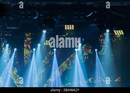 scene, stage light with colored spotlights and smoke Stock Photo