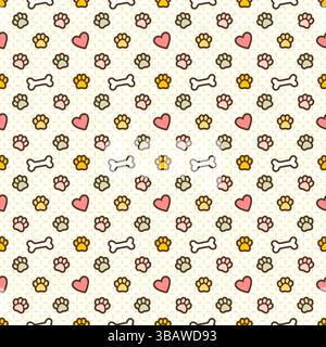 cheerful seamless vector pattern, colorful pet-themed symbols paws, bones, hearts. Ideal for pet products, wrapping paper, textiles, or digital backgr Stock Vector