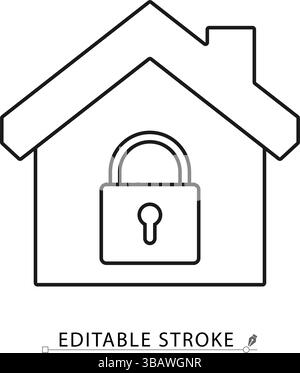 House with closed padlock icon in minimal black outline style on white background. Editable stroke vector for home security, protection, access Stock Vector