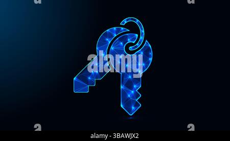 Low Poly Key Design. Security key symbol key design with neon style lighting design. Stock Vector