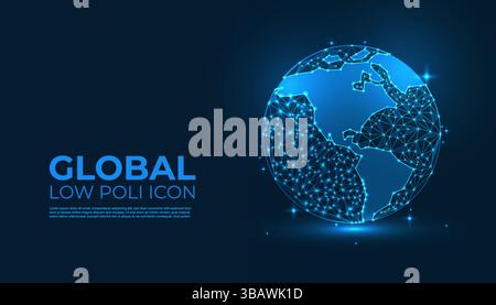 Low Poly Global Icon Background. Word globe icon design with neon lighting color concepts. Neon globe icon Stock Vector