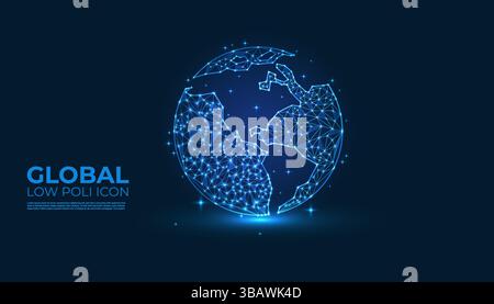 Low Poly Global Icon Background. Word globe icon design with neon lighting color concepts. Neon globe icon Stock Vector