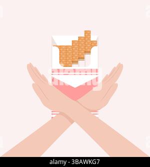 Two hands crossed in a denial or stop gesture in front of an open pack of cigarettes. Flat vector illustration Stock Vector