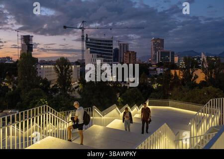20.09.2024, Albania, Qark Tirana, Tirana - View of the centre from the pyramid of Tirana, built in 1988 as the Enver Hoxha Museum, dedicated to the di Stock Photo
